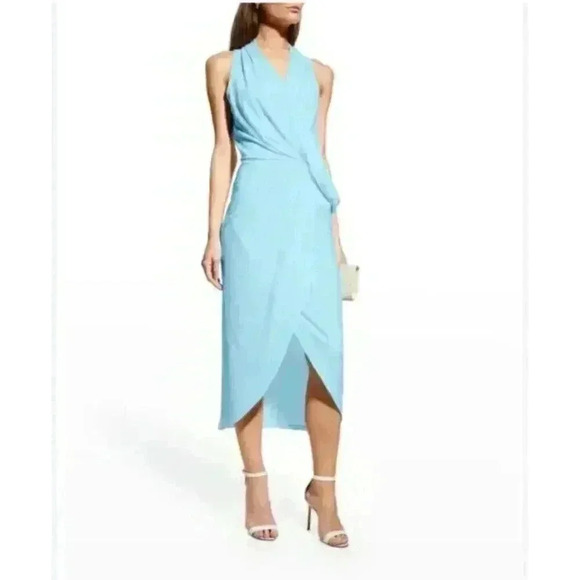 NWT Ramy Brook Women's Blue Monaco V-Neck Sleeveless Midi Wrap Dress Size Large - Picture 1 of 9